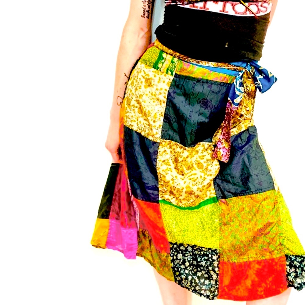 VINTAGE Boho Silk Patchwork Wrap Skirt